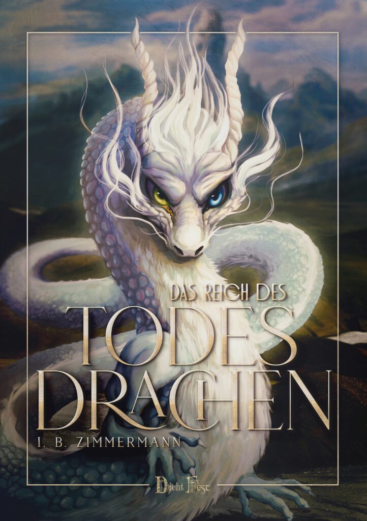 Ein weißer Drache vor einem Berg